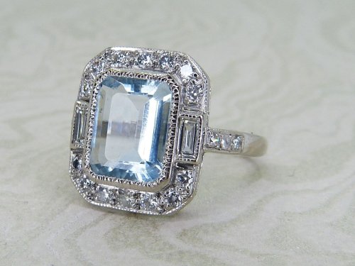 Antique Guest and Philips - Aquamarine Set, White Gold - Cluster Ring R5471