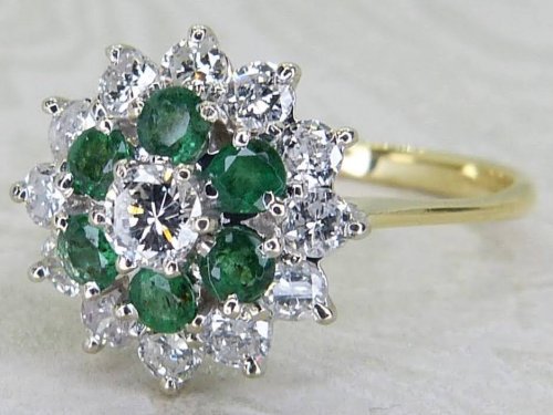 Antique Guest and Philips - Emerald Set, Yellow Gold - White Gold - Cluster Ring R5492