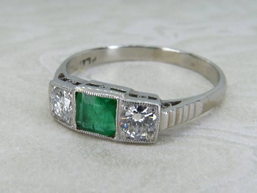 Antique Guest and Philips - Emerald Set, Platinum - Three Stone Ring R5697