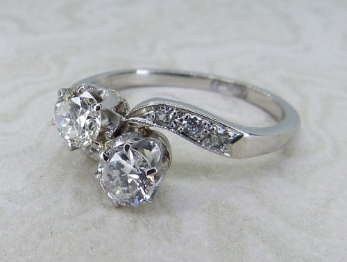 Antique Guest and Philips - Diamond Set, Platinum - Two Stone Crossover Ring R5709