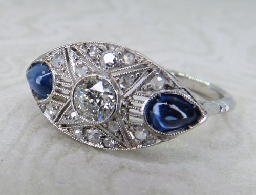 Antique Guest and Philips - Sapphire Set, Platinum - Boat Shaped Cluster Ring R5710